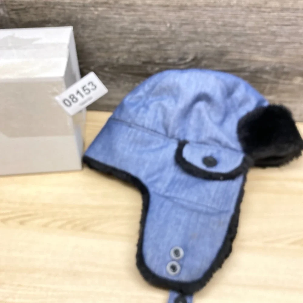 The North Face Hat Cap Trapper Blue Black Denim Faux Fur Ear Flap Winter Outdoor